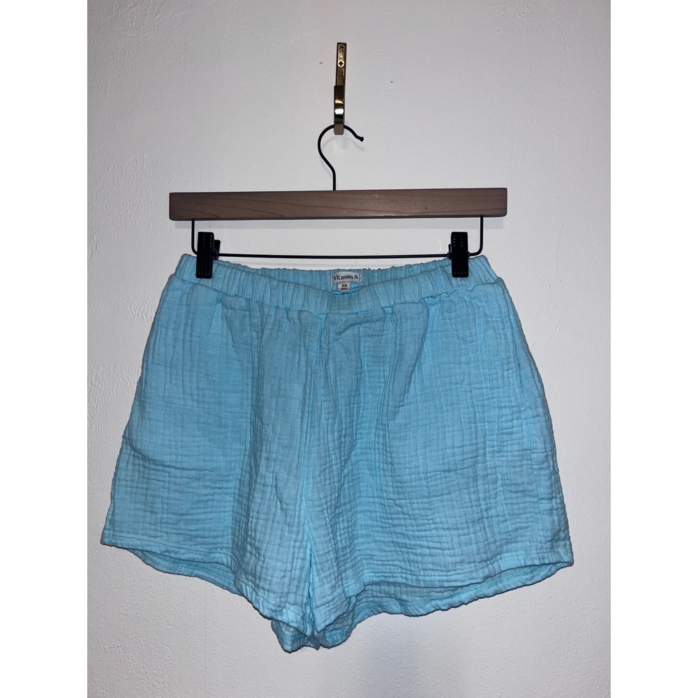 Vitamin A Gauze Short Blue Cotton Elastic Waist Beach Coverup Pockets XS